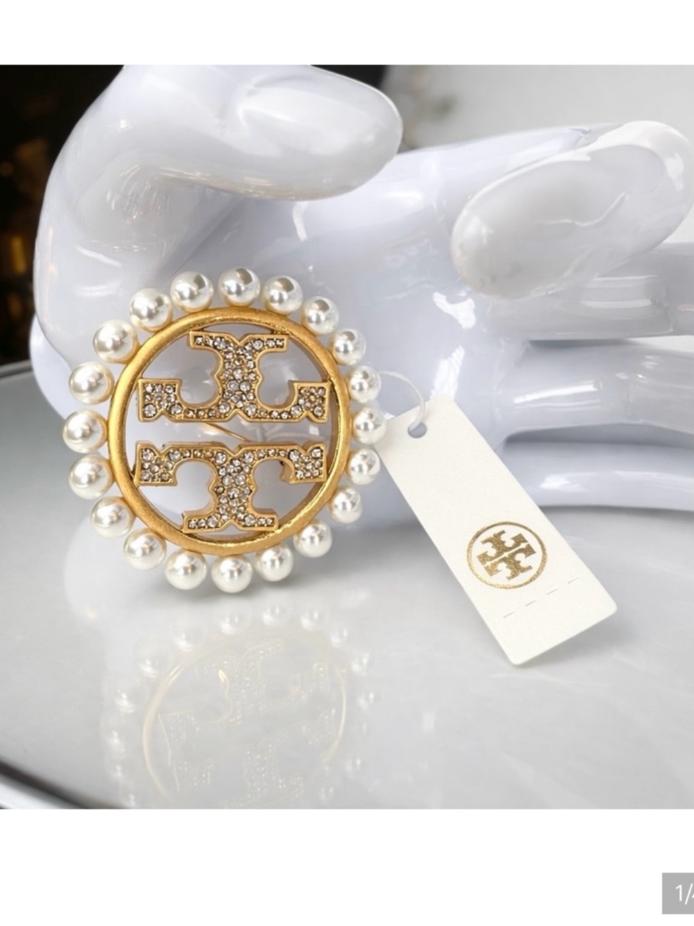 Tory Burch Miller Pavé Pearl•Crystal•Gold Brooch New With Tags